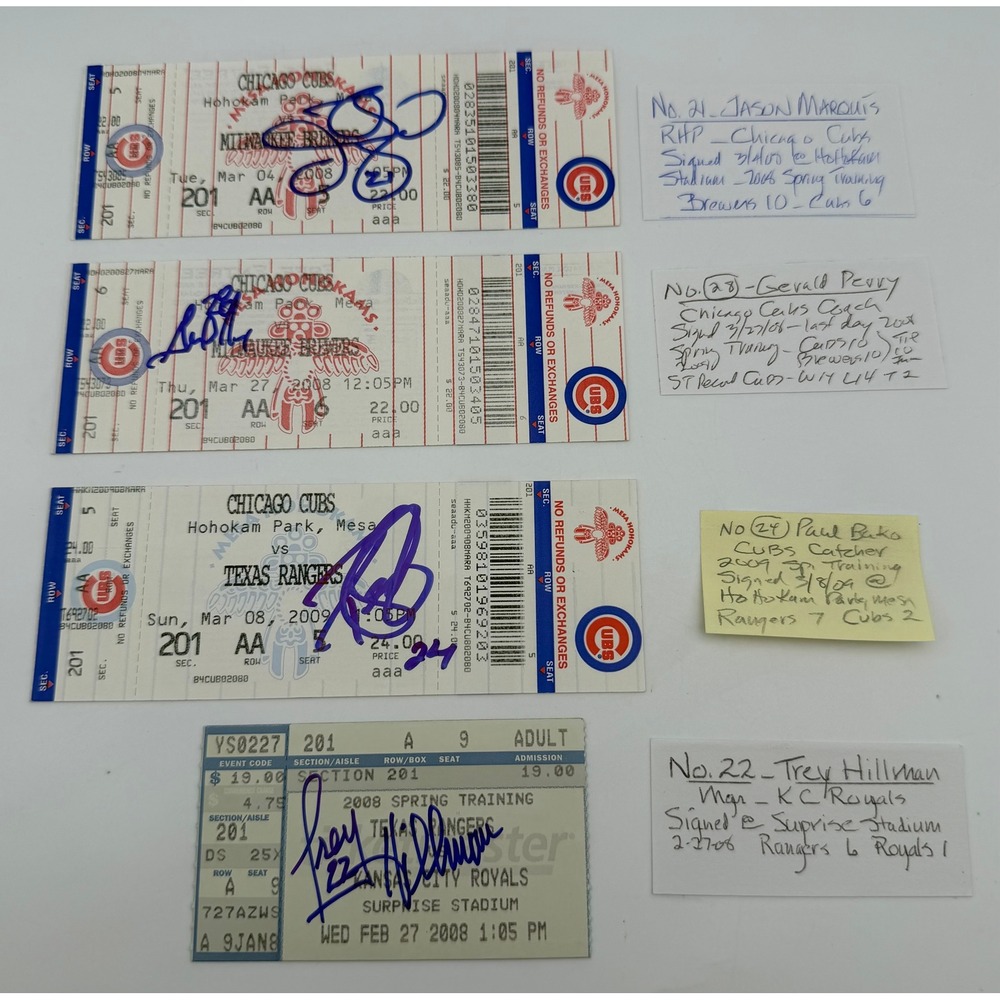 Lot 4 Signed MLB Tickets Chicago Cubs Spring Training Marquis Perry Bako Hillman